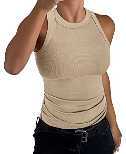 GEMBERA Womens Sleeveless Racerback High Neck Casual Basic Cotton Ribbed Fitted Tank Top Beige Tan Nude XL