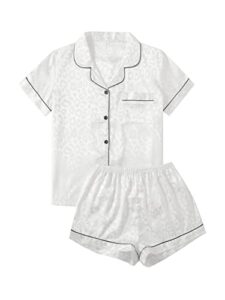 verdusa women's 2pc satin nightwear button front sleepwear short sleeve pajamas set leopard white xl