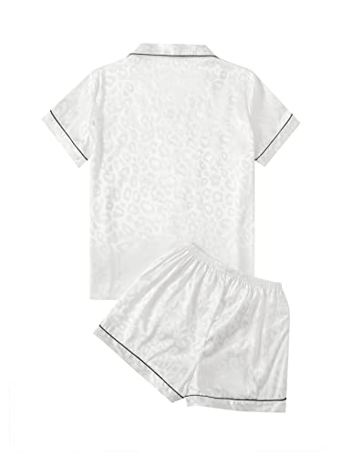 Verdusa Women's 2pc Satin Nightwear Button Front Sleepwear Short Sleeve Pajamas Set Leopard White XL