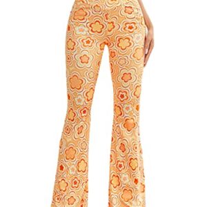 WDIRARA Women's Heart Print Elastic High Waist Flare Leg Stretch Casual Pants Floral Multicolor S