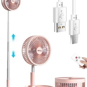 AICase Stand Fan,Folding Portable Telescopic Floor/USB Desk Fan with 7200mAh Rechargeable Battery,4 Speeds Super Quiet Adjustable Height and Head Great for Office Home Outdoor Camping-pink