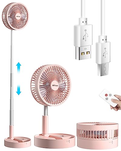 AICase Stand Fan,Folding Portable Telescopic Floor/USB Desk Fan with 7200mAh Rechargeable Battery,4 Speeds Super Quiet Adjustable Height and Head Great for Office Home Outdoor Camping-pink