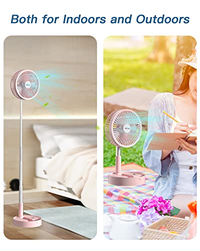 AICase Stand Fan,Folding Portable Telescopic Floor/USB Desk Fan with 7200mAh Rechargeable Battery,4 Speeds Super Quiet Adjustable Height and Head Great for Office Home Outdoor Camping-pink