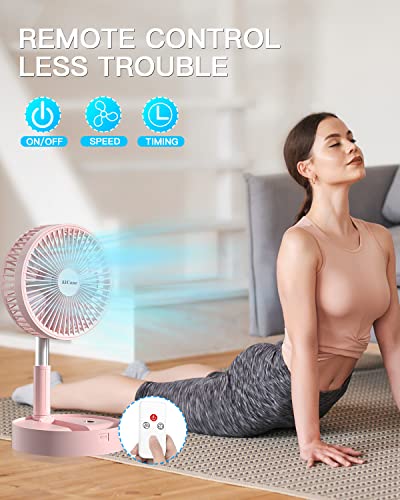 AICase Stand Fan,Folding Portable Telescopic Floor/USB Desk Fan with 7200mAh Rechargeable Battery,4 Speeds Super Quiet Adjustable Height and Head Great for Office Home Outdoor Camping-pink