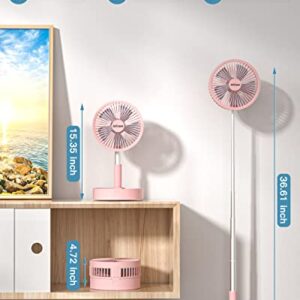 AICase Stand Fan,Folding Portable Telescopic Floor/USB Desk Fan with 7200mAh Rechargeable Battery,4 Speeds Super Quiet Adjustable Height and Head Great for Office Home Outdoor Camping-pink