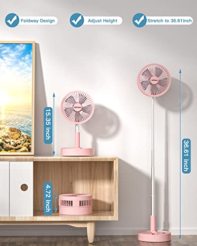 AICase Stand Fan,Folding Portable Telescopic Floor/USB Desk Fan with 7200mAh Rechargeable Battery,4 Speeds Super Quiet Adjustable Height and Head Great for Office Home Outdoor Camping-pink