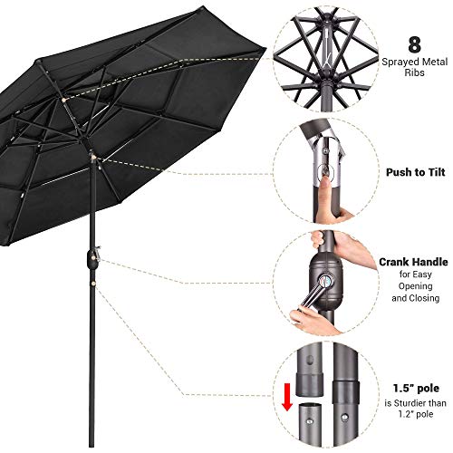 Yescom UV70+ 3-Tiers 11ft Solar Powered LED Patio Umbrella with Crank Tilt for Garden Yard Pool Market Deck Table Black