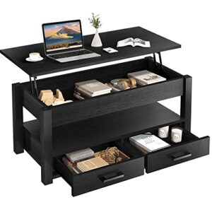 fabato 41.7'' lift top coffee table with 2 storage drawer hidden compartment open storage shelf for living room folding wood end table (black)