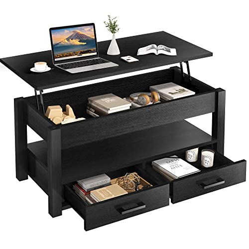 FABATO 41.7'' Lift Top Coffee Table with 2 Storage Drawer Hidden Compartment Open Storage Shelf for Living Room Folding Wood End Table (Black)