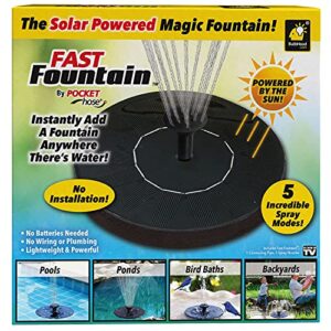 fast fountain pocket hose solar-powered-instantly adds a water feature virtually anywhere-5 spray modes-no installation or batteries required-for bird baths & more, 6 in. (d) x 2 in. (h), black