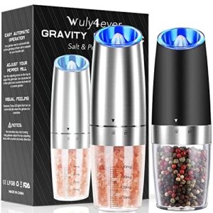 gravity electric salt and pepper grinder set, automatic pepper and salt mills, one hand operation, adjustable coarseness, battery powered with led light, utility brush, stainless steel 2 pack, gifts