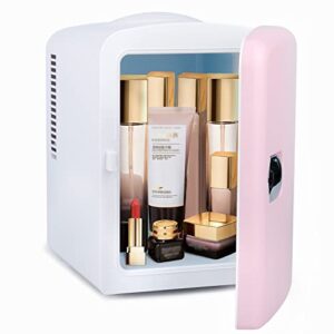 living enrichment mini fridge chilling and warming, ac/dc power portable refrigerator, 4l 6 cans capacity, for skincare, foods, medications, milk, home and travel pink white