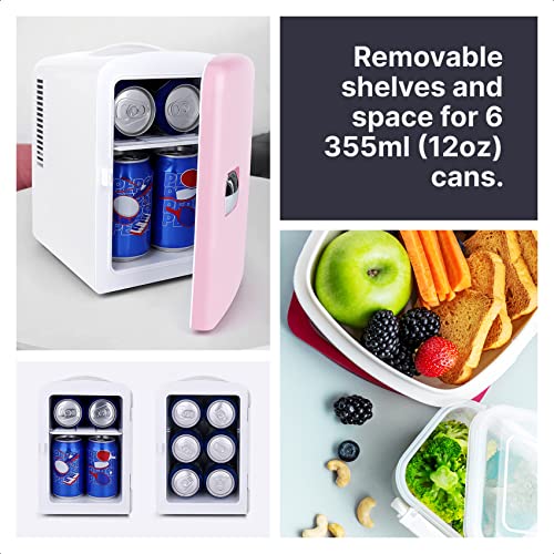 Living Enrichment Mini Fridge Chilling and Warming, AC/DC Power Portable Refrigerator, 4L 6 Cans Capacity, for Skincare, Foods, Medications, Milk, Home and Travel Pink White