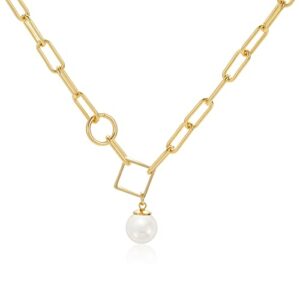 mesovor single pearl pendant necklace for women, 16k gold plated paperclip chain necklace (gold)