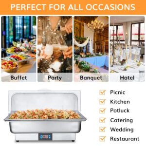 Electric Chafing Dish 9 QT Adjustable 0°C~100°C Roll Top Full Size Auto ShutOff Stainless Steel Buffet Servers and Warmers, Temp Display Programmable Food Warmer Transparent Lid Chafers for Catering