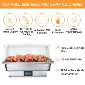 Electric Chafing Dish 9 QT Adjustable 0°C~100°C Roll Top Full Size Auto ShutOff Stainless Steel Buffet Servers and Warmers, Temp Display Programmable Food Warmer Transparent Lid Chafers for Catering