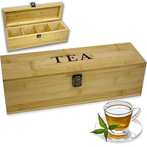 Zen Earth Inspired Bamboo Tea Organizer Box Chemical Free Eco-Friendly Big, Tall, Adjustable Cubbies Natural Wooden Storage Chest (4-Slot Rectangle 14.3"x 4.4" x 4.2" with TEA print design)