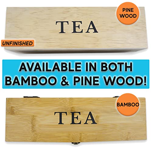 Zen Earth Inspired Bamboo Tea Organizer Box Chemical Free Eco-Friendly Big, Tall, Adjustable Cubbies Natural Wooden Storage Chest (4-Slot Rectangle 14.3"x 4.4" x 4.2" with TEA print design)