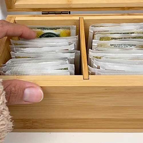 Zen Earth Inspired Bamboo Tea Organizer Box Chemical Free Eco-Friendly Big, Tall, Adjustable Cubbies Natural Wooden Storage Chest (4-Slot Rectangle 14.3"x 4.4" x 4.2" with TEA print design)