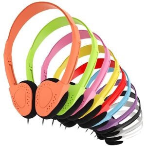 redskypower 10 pack multi color kid's wired on ear headphones, individually bagged, disposable headphones ideal for students in classroom libraries schools, bulk wholesale