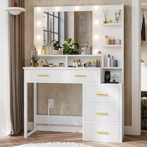 tiptiper makeup vanity with lights, vanity desk with charging station, white vanity table with 10 light bulbs mirror & 3 lighting modes, makeup desk with drawers, nightstand and storage shelves