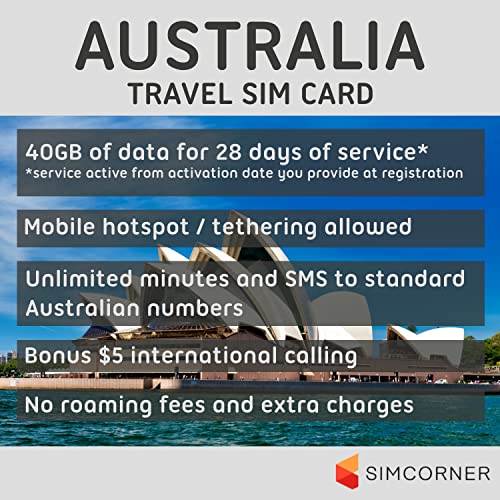 Australia SIM Card (40 GB, 28 Days)- Optus Prepaid SIM Card w/Unlimited Minutes & SMS to Australian Mobiles- 3-in-1 4G Hotspot Card w/Tethering- Standard, Micro, & Nano SIM Card for Unlocked Phones