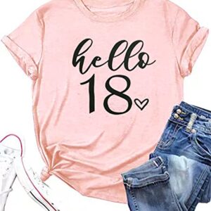 HEYO Women 18th Birthday Hello 18 Shirt Pink, Medium