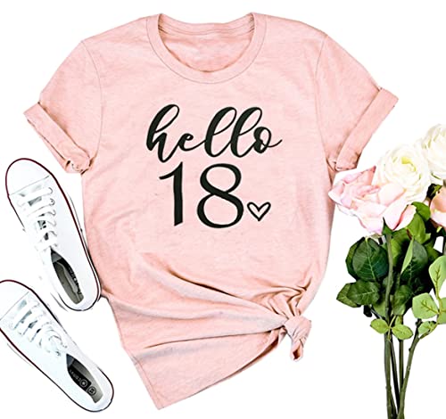 HEYO Women 18th Birthday Hello 18 Shirt Pink, Medium