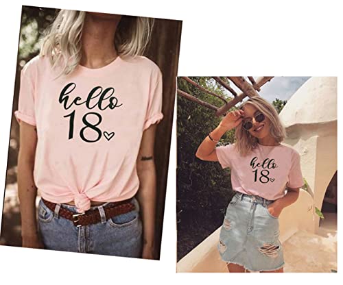 HEYO Women 18th Birthday Hello 18 Shirt Pink, Medium