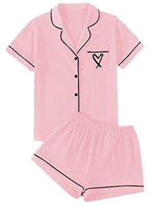 lyaner women's pajamas set heart print button short sleeve shirt with shorts sleepwear pjs set pink small