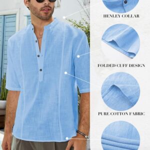 JMIERR Mens Casual Cotton Linen Texture Henley Shirt Short Sleeve Button Down Shirt Summer Beach Tropical Cruise Shirts US 40(M) Sky Blue