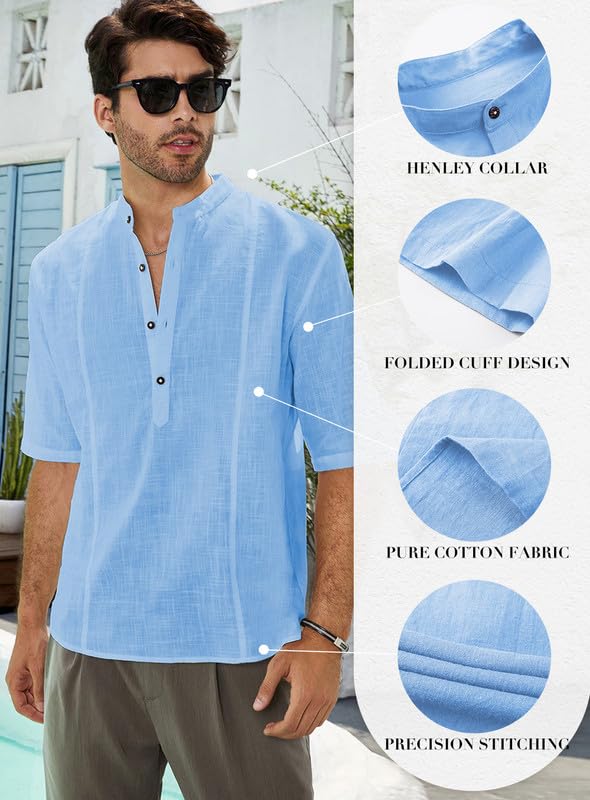 JMIERR Mens Casual Cotton Linen Texture Henley Shirt Short Sleeve Button Down Shirt Summer Beach Tropical Cruise Shirts US 40(M) Sky Blue