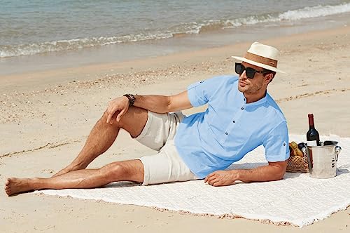 JMIERR Mens Casual Cotton Linen Texture Henley Shirt Short Sleeve Button Down Shirt Summer Beach Tropical Cruise Shirts US 40(M) Sky Blue