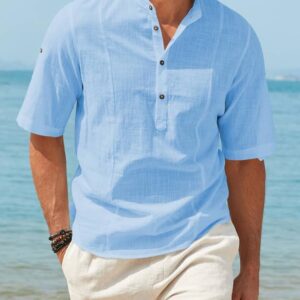 JMIERR Mens Casual Cotton Linen Texture Henley Shirt Short Sleeve Button Down Shirt Summer Beach Tropical Cruise Shirts US 40(M) Sky Blue