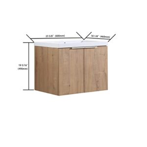 SSLine Wall Mounted Bathroom Vanity with Sink Combo Modern 24-Inch Single Bathroom Vanity Set with Top Basin &Storage Cabinet Brown Wood Hanging Bath Cabinet w/Resin Sink for Small Space (24"-Brown)