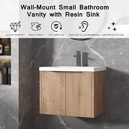 SSLine Wall Mounted Bathroom Vanity with Sink Combo Modern 24-Inch Single Bathroom Vanity Set with Top Basin &Storage Cabinet Brown Wood Hanging Bath Cabinet w/Resin Sink for Small Space (24"-Brown)