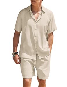 coofandy men linen beach outfit summer cuban button down shirt and short set