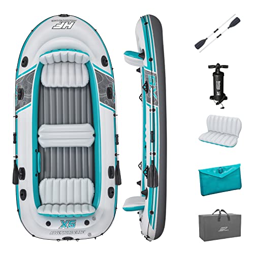 Bestway Hydro-Force Adventure Elite X5 Inflatable 5 Person Water Raft Outdoor Floating Boat Set | Includes Inflatable Boat, Aluminum Oars, Hand-Pump, Carry Bag and Gear Pouch