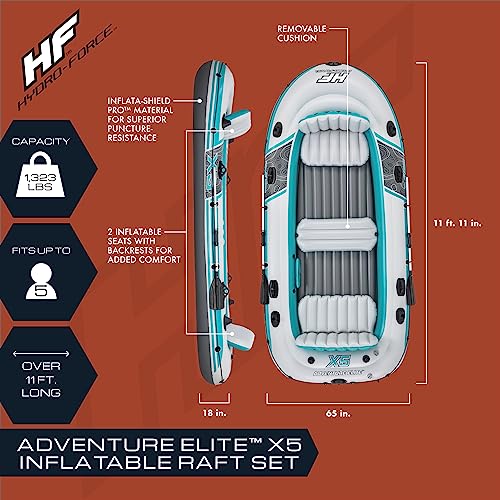 Bestway Hydro-Force Adventure Elite X5 Inflatable 5 Person Water Raft Outdoor Floating Boat Set | Includes Inflatable Boat, Aluminum Oars, Hand-Pump, Carry Bag and Gear Pouch