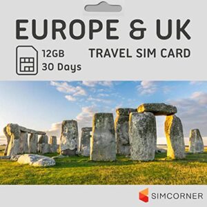 europe uk travel sim card (12 gb, 30 days). prepaid sim card w/data & unlimited sms & minutes to eu & uk numbers. 3-in-1 tethering/hotspot card. standard, micro, & nano sim card for unlocked phones