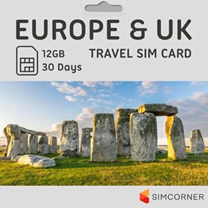 Europe UK Travel SIM Card (12 GB, 30 Days). Prepaid SIM Card w/Data & Unlimited SMS & Minutes to EU & UK Numbers. 3-in-1 Tethering/Hotspot Card. Standard, Micro, & Nano SIM Card for Unlocked Phones