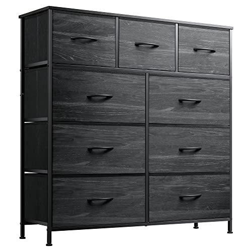 WLIVE 9-Drawer Dresser, Fabric Storage Tower for Bedroom, Hallway, Nursery, Closet, Tall Chest Organizer Unit with Fabric Bins, Steel Frame, Wood Top, Easy Pull Handle, Charcoal Black Wood Grain Print