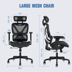 GABRYLLY Ergonomic Office Chair with Lumbar Support, Big and Tall Mesh Chairs with Adjustable 3D Arms, Headrest & Soft Seat, Large Desk Chair for Home Gaming,Black