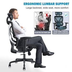 GABRYLLY Ergonomic Office Chair with Lumbar Support, Big and Tall Mesh Chairs with Adjustable 3D Arms, Headrest & Soft Seat, Large Desk Chair for Home Gaming,Black