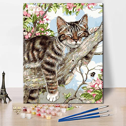 TISHIRON DIY Paint by Numbers Hand Painting Cat Series on Canvas for Adults Beginner Kids Drawing with Brushes Festival Gift House Decorations No Frame Cat Snuggling in The Treetops-16x20inch