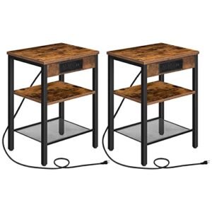 hoobro end table set of 2 with charging station and usb ports, 3-tier nightstands with adjustable shelf, narrow side table for small space in living room, bedroom and balcony, rustic brown bf112bzp201