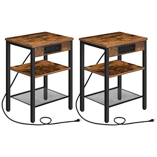 HOOBRO End Table Set of 2 with Charging Station and USB Ports, 3-Tier Nightstands with Adjustable Shelf, Narrow Side Table for Small Space in Living Room, Bedroom and Balcony, Rustic Brown BF112BZP201