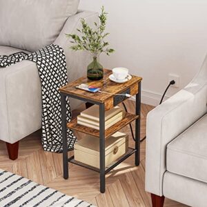 HOOBRO End Table Set of 2 with Charging Station and USB Ports, 3-Tier Nightstands with Adjustable Shelf, Narrow Side Table for Small Space in Living Room, Bedroom and Balcony, Rustic Brown BF112BZP201