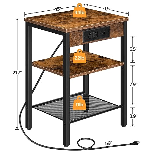 HOOBRO End Table with Charging Station and USB Ports, 3-Tier Nightstand with Adjustable Shelf, Narrow Side Table for Small Space in Living Room, Bedroom and Balcony, Rustic Brown BF112BZ01