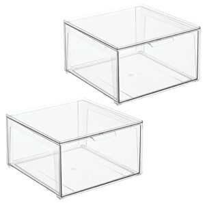 mDesign Plastic Stackable Closet Storage Organizer Bin Containers with Front Pull Drawer for Cabinet, Desk, Shelf, Cupboard, or Dresser Organization - Lumiere Collection - 2 Pack - Clear